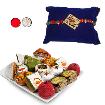 "RAKHI -AD 4040 A (Single Rakhi), 500gms of Kaju Assorted Sweets - Click here to View more details about this Product